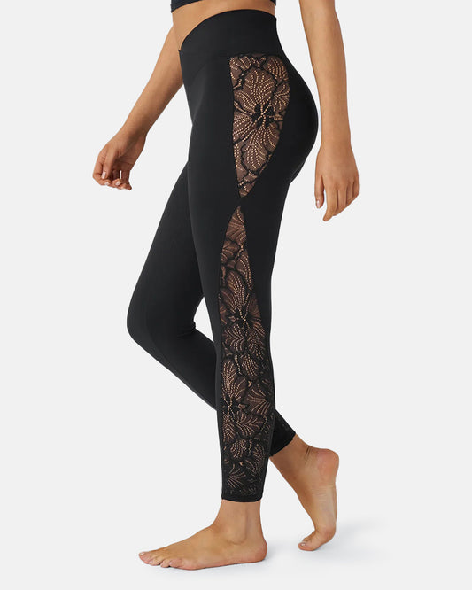 Softlyzero High Waisted Crossover Contrast Lace Yoga Leggings-UPF50+