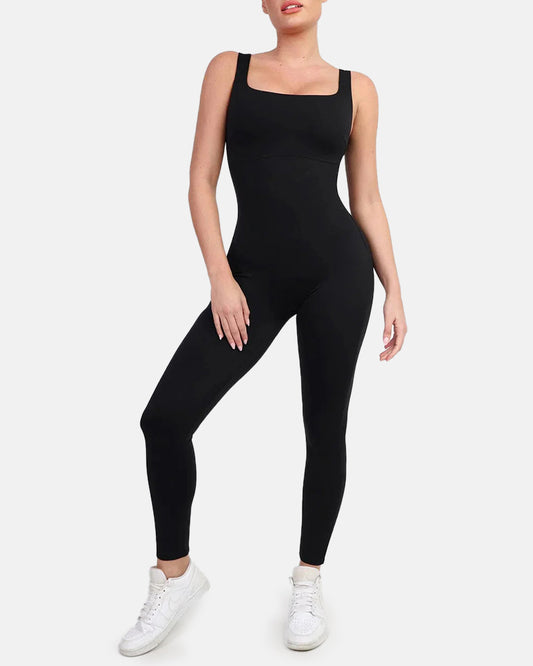Square Neck Thigh Slimming Workout Jumpsuit