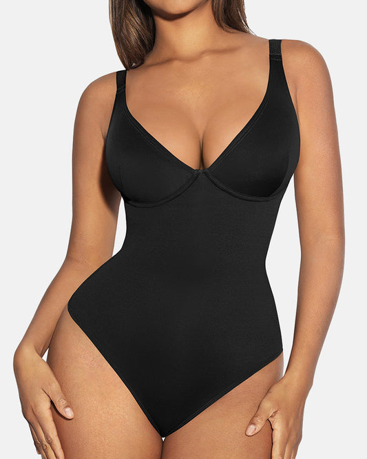 Deep V Neck Tummy Control Thong Bodysuit