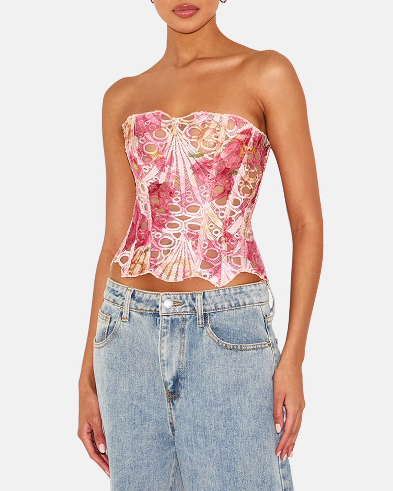 Lace Up Contrast Lace Corset Top Tummy Control Shapewear
