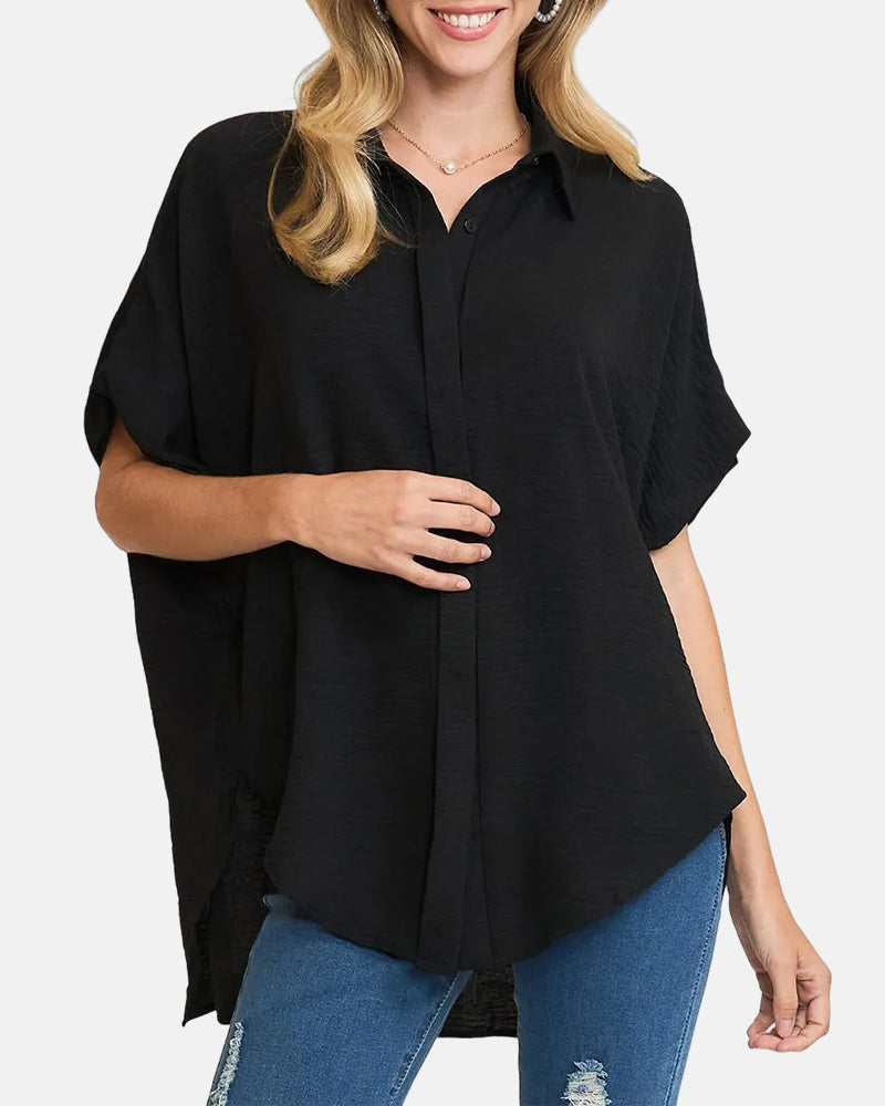 Blusa abotonada con cuello de pico, holgada y relajada
