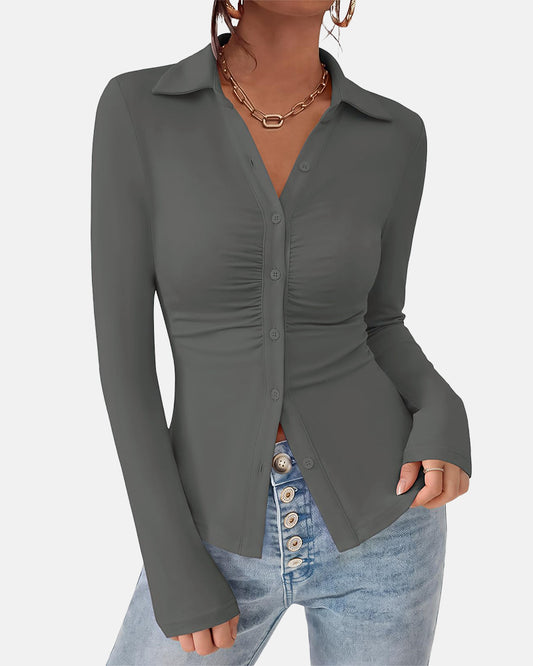 Women Button Down V Neck Collared Ruched Slim Fit Shirts