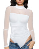 Illusion Mesh Turtleneck Long Sleeve Tummy Control Bodysuit