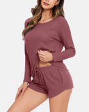 Womens Waffle Knit Pajama Sets Long Sleeve Top and Shorts Matching