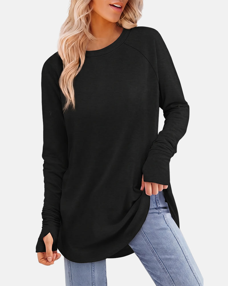 Women Long Sleeve Thumb Hole Crew Neck Tunic Top