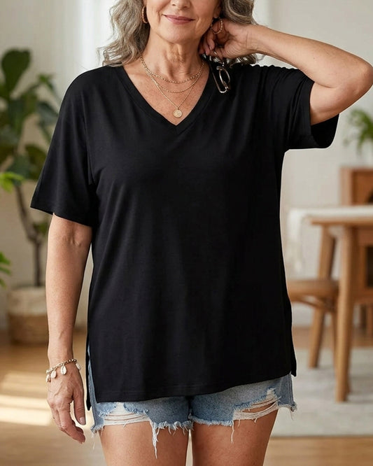 Plus Size V-Neck T-Shirt with Longer Sleeves – Covers Arms & Hides Belly