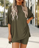 Summer Casual Oversized Lounge Set with Split Hem Shirts & Side Pocket Biker Shorts