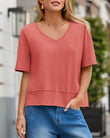 Womens Summer V-Neck Short Sleeve Loose Fit T-Shirt