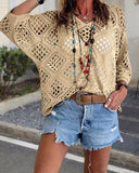 Top de ganchillo beige de inspiración bohemia para mujer con escote en V