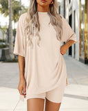 Summer Casual Oversized Lounge Set with Split Hem Shirts & Side Pocket Biker Shorts