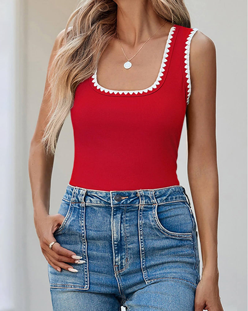 Camisetas sin mangas acanaladas de cuello cuadrado con bloques de color, ajustadas y casuales