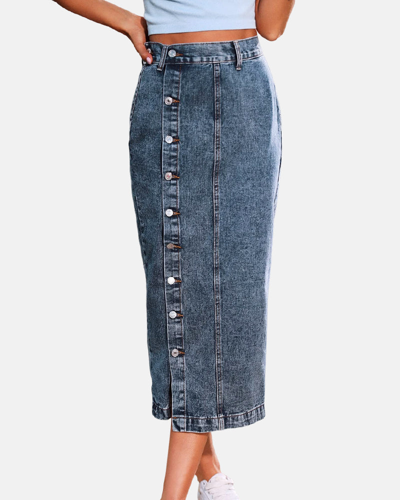 The All-Seasons High Waisted Button Front Denim Skirt