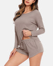 Conjuntos de pijama de punto gofre para mujer, parte superior de manga larga y pantalones cortos a juego