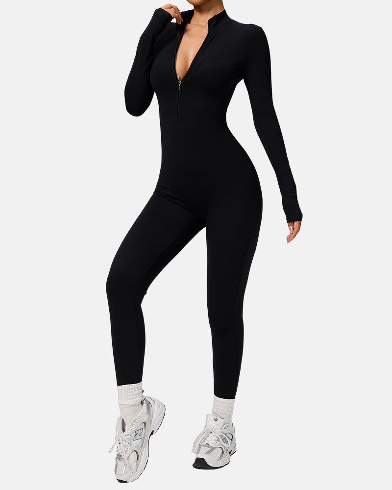 Women Zip Up Long Sleeve Workout Jumpsuit