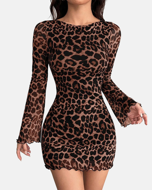 Women Leopard Print Ruched Bodycon Mini Cocktail Dress