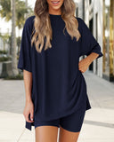 Summer Casual Oversized Lounge Set with Split Hem Shirts & Side Pocket Biker Shorts