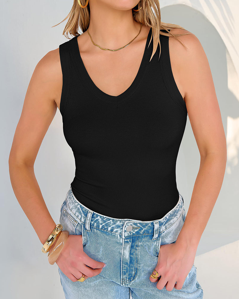 Camisetas sin mangas entalladas de punto acanalado con cuello en V