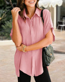 Blusa abotonada con cuello de pico, holgada y relajada