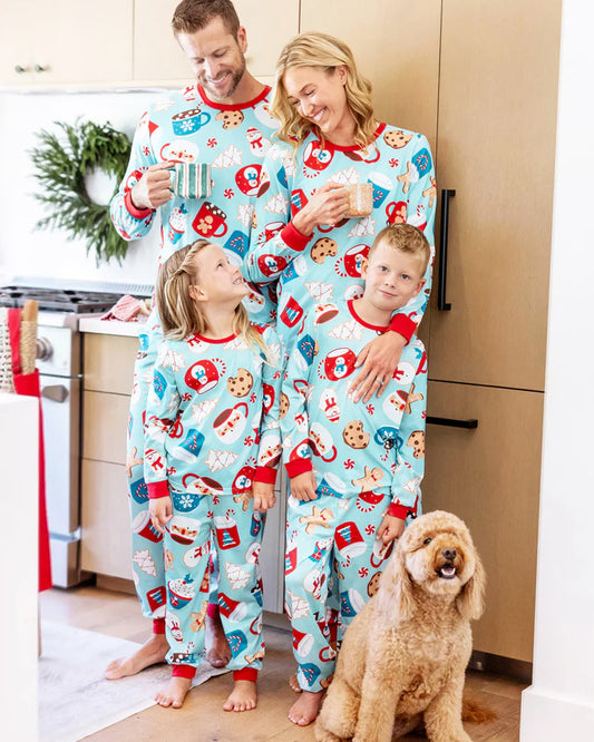 Christmas Family Matching Pajama Sets - Gingerbread Print Blue and Red PJS
