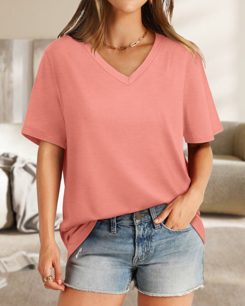 Camisetas de mujer con cuello en V, manga corta, casuales y holgadas