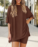 Summer Casual Oversized Lounge Set with Split Hem Shirts & Side Pocket Biker Shorts