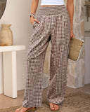 Striped Gingham Wide Leg Pants High Waisted with Pockets