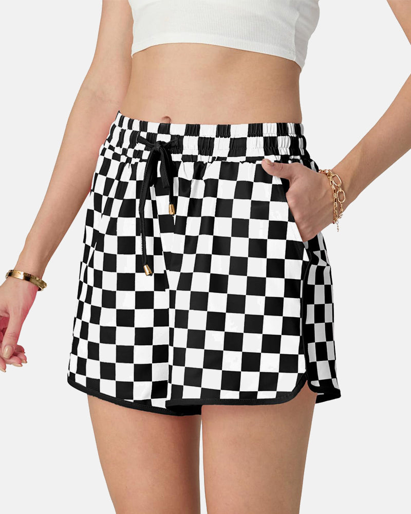 Checkered Drawstring Elastic Waist Casual Shorts with Pockets