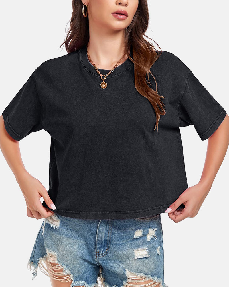 Oversized Vintage Acid Wash Cotton Cropped T Shirts