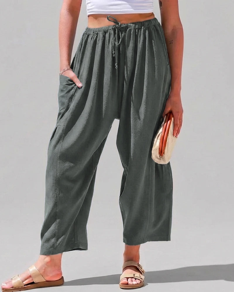 Pantalones harén de pernera ancha para mujer, informales, holgados, con cordón, para verano, con bolsillos