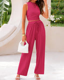 Conjunto de punto acanalado de 2 piezas – Top corto sin mangas y pantalones de pierna ancha
