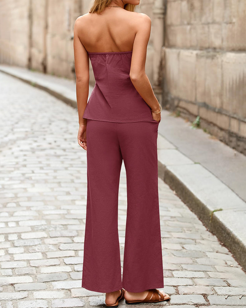 Conjunto de verano de 2 piezas para mujer – Top sin tirantes y pantalón de pierna ancha