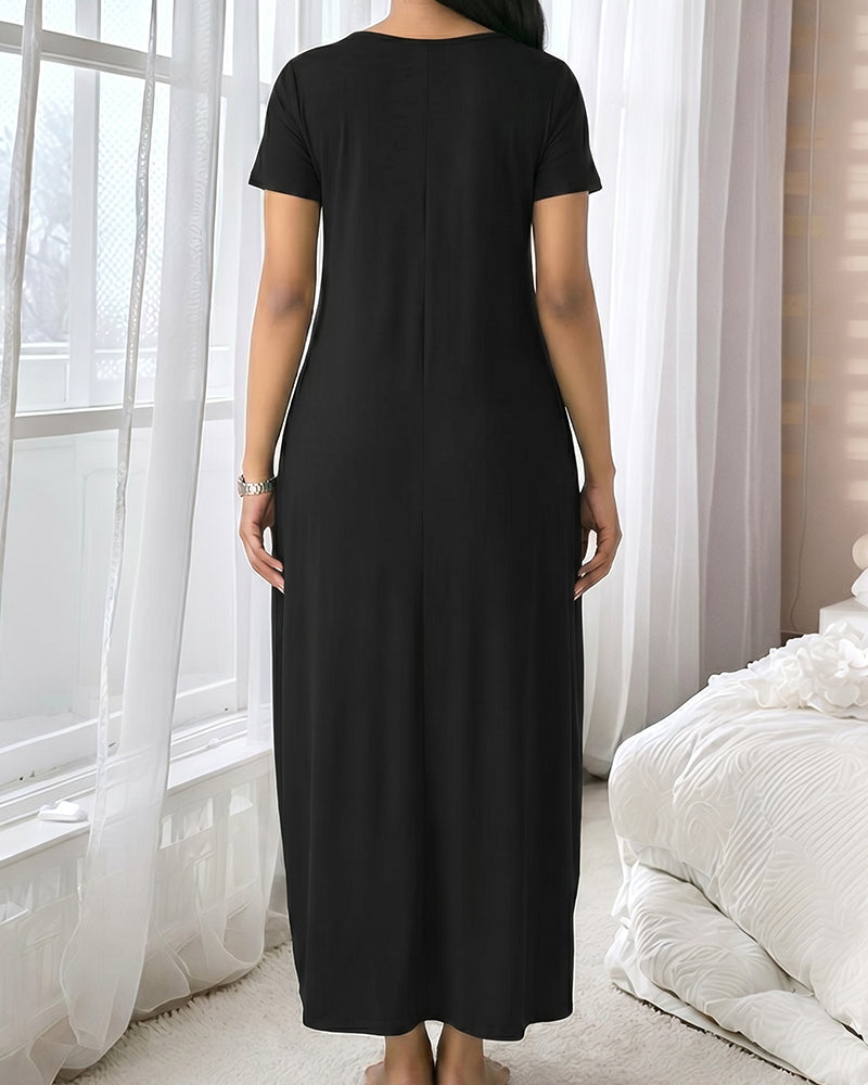 Vestido de salón de manga corta con bolsillo y escote en V pronunciado