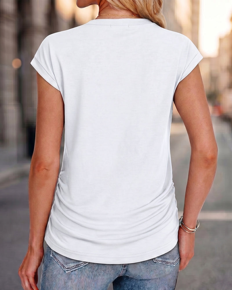 Ruched Cap Short Sleeve  Crew Neck T-shirts
