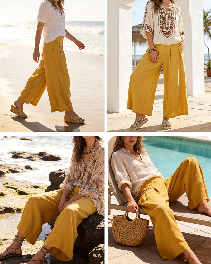 Pantalones Culotte de Lino y Algodón de Cintura Alta y Pierna Ancha para Mujer