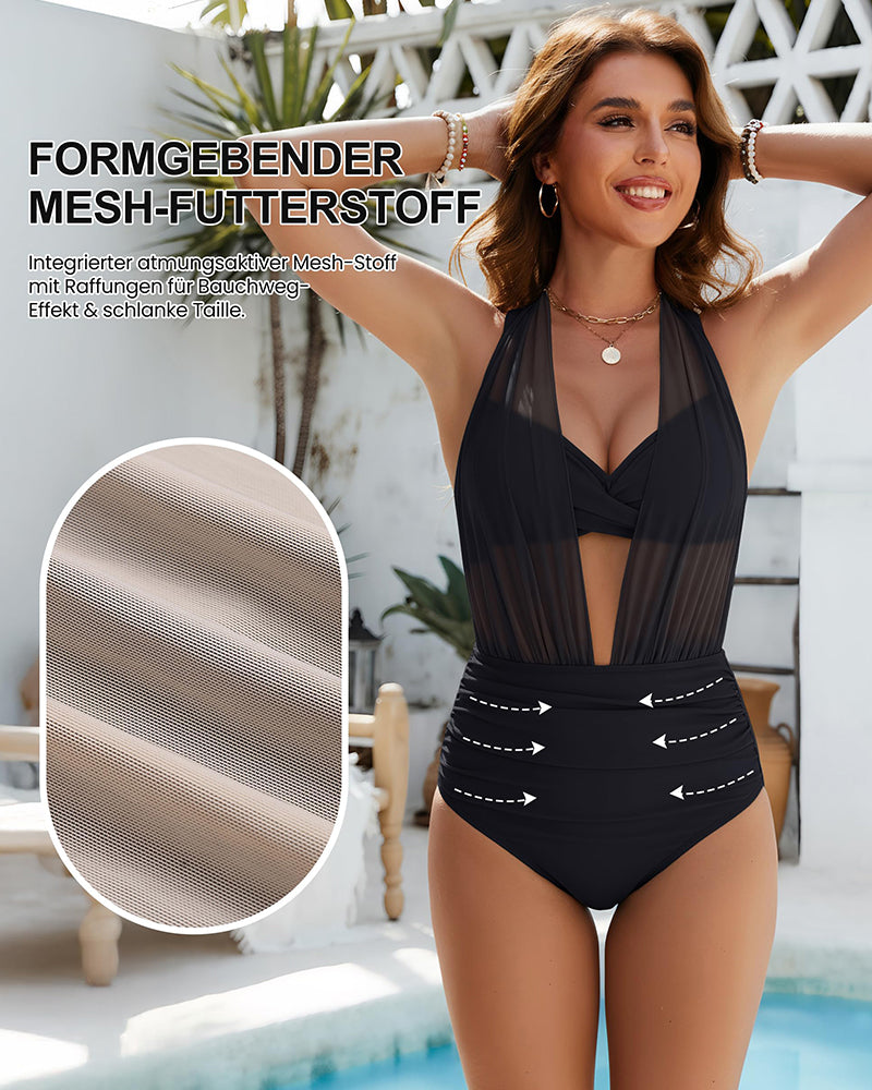 Conjunto de bikini de talle alto, control de abdomen, traje de baño de dos piezas con malla
