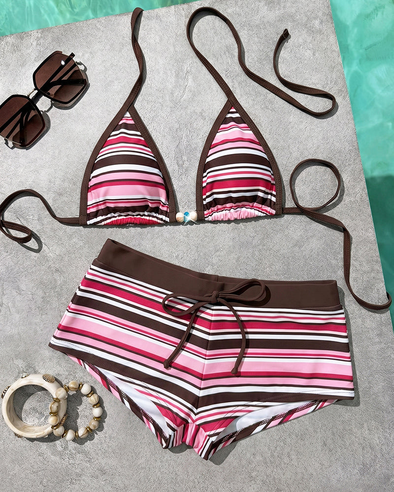 Conjunto de bikini retro de 2 piezas con bloques de color para mujer