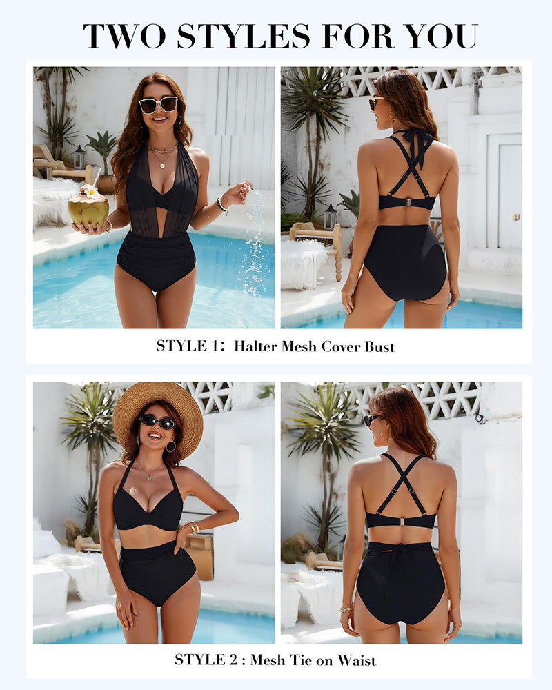 Conjunto de bikini de talle alto, control de abdomen, traje de baño de dos piezas con malla