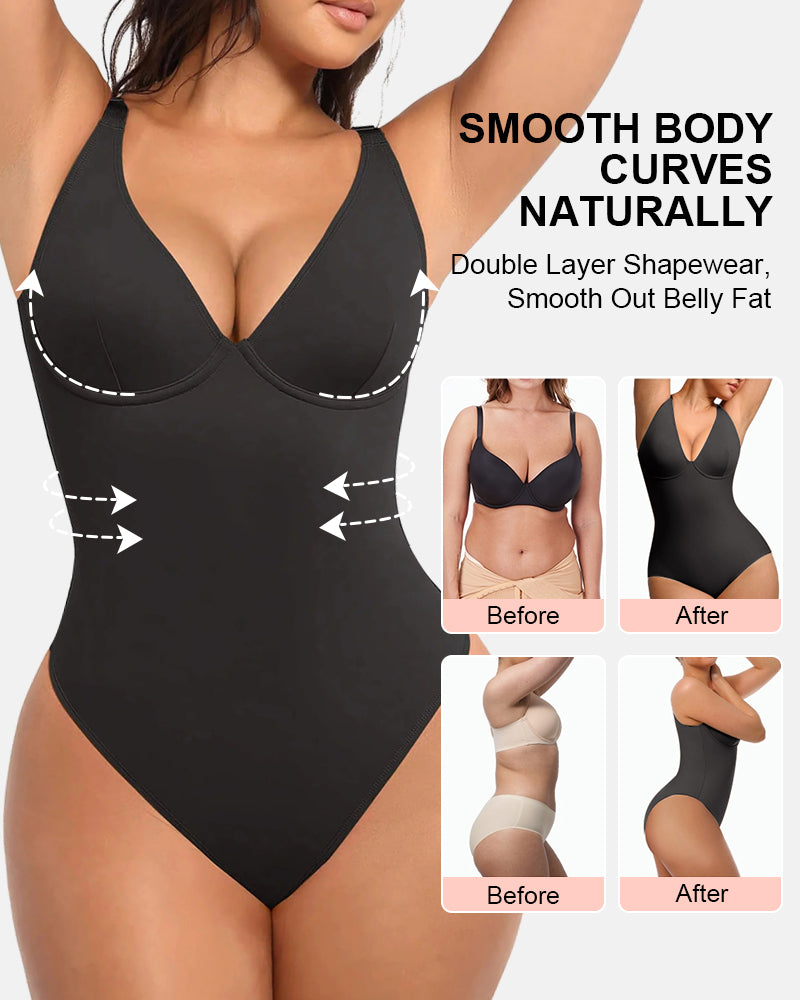 Deep V Neck Tummy Control Thong Bodysuit