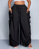 Pantalones de pernera ancha, casuales y de talla grande con ajuste holgado, lazo en la cintura y bolsillos
