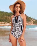 Stylish High Neck Hollow-out Front Buckle One-piece Swimsuit