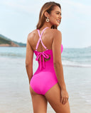 Stylish High Neck Hollow-out Front Buckle One-piece Swimsuit
