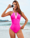 Stylish High Neck Hollow-out Front Buckle One-piece Swimsuit