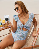 Floral Plunging Flutter Strap Tummy Control One-Piece Swimsuit with Sarong