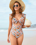 Floral Plunging Flutter Strap Tummy Control One-Piece Swimsuit with Sarong