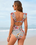 Floral Plunging Flutter Strap Tummy Control One-Piece Swimsuit with Sarong