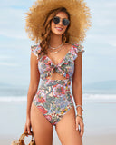 Floral Plunging Flutter Strap Tummy Control One-Piece Swimsuit with Sarong