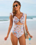 Floral Plunging Flutter Strap Tummy Control One-Piece Swimsuit with Sarong