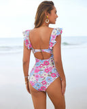Floral Plunging Flutter Strap Tummy Control One-Piece Swimsuit with Sarong
