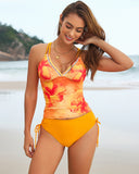 Conjunto de tankini con estampado floral y tiras de escalera