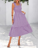 Vestido de guinga retro fluido fruncido con bolsillos